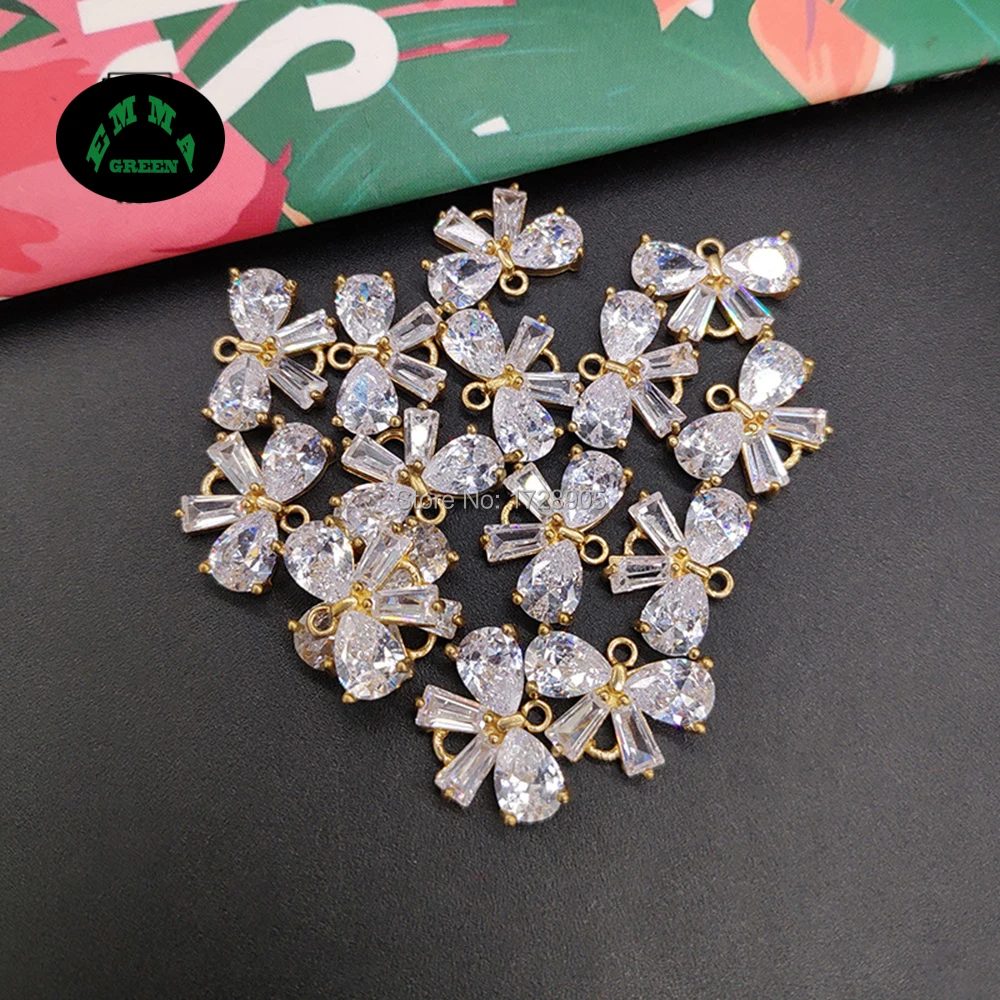 

Bow Zircon Charm Connector Pendant Bow Knot Bowtie Crystal Button Copper Earrings Charm DIY Jewelry Making Findings 10 pcs 15 mm