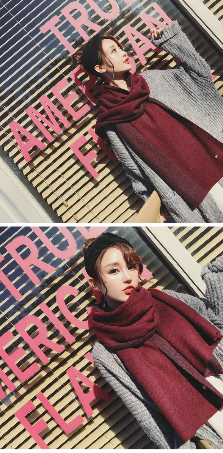 Модный корейский теплый шерстяной платок, зимний удобный вязаный Одноцветный уличная Толстая широкая шаль, длинный, унисекс, пара мягких шарфов