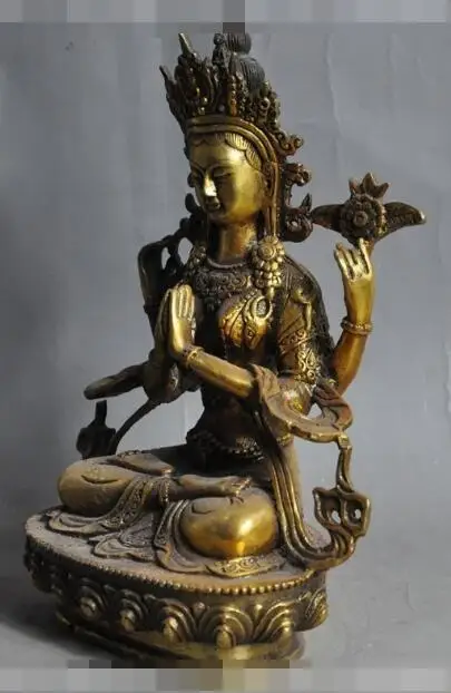 

S02752 china buddhism bronze gilt 4 Arms Chenrezig tara Kwan-Yin buddha goddess statue