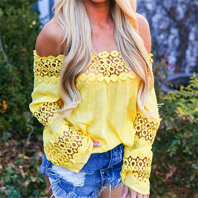 

Fashion Women Long Sleeve Lace Spliced Blouse Sexy Ladies Autumn Blue/Yellow/White Shirt Loose Casual Off-shoulder Blouse Tops