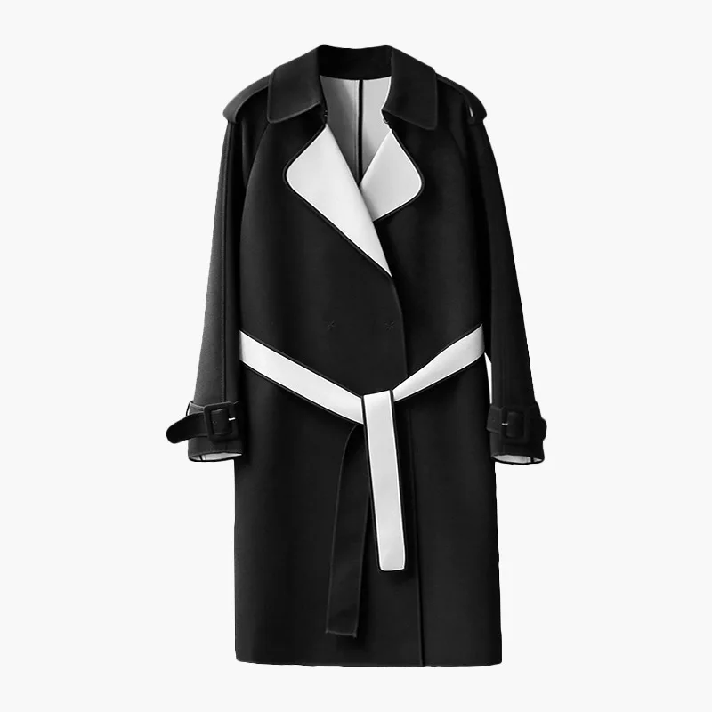 

[EWQ] 2019 Autumn New Pattern Office Lady Style Full Sleeve Long Length Solid Color Belt Wid-waisted Turn Down Collar Coat AF633