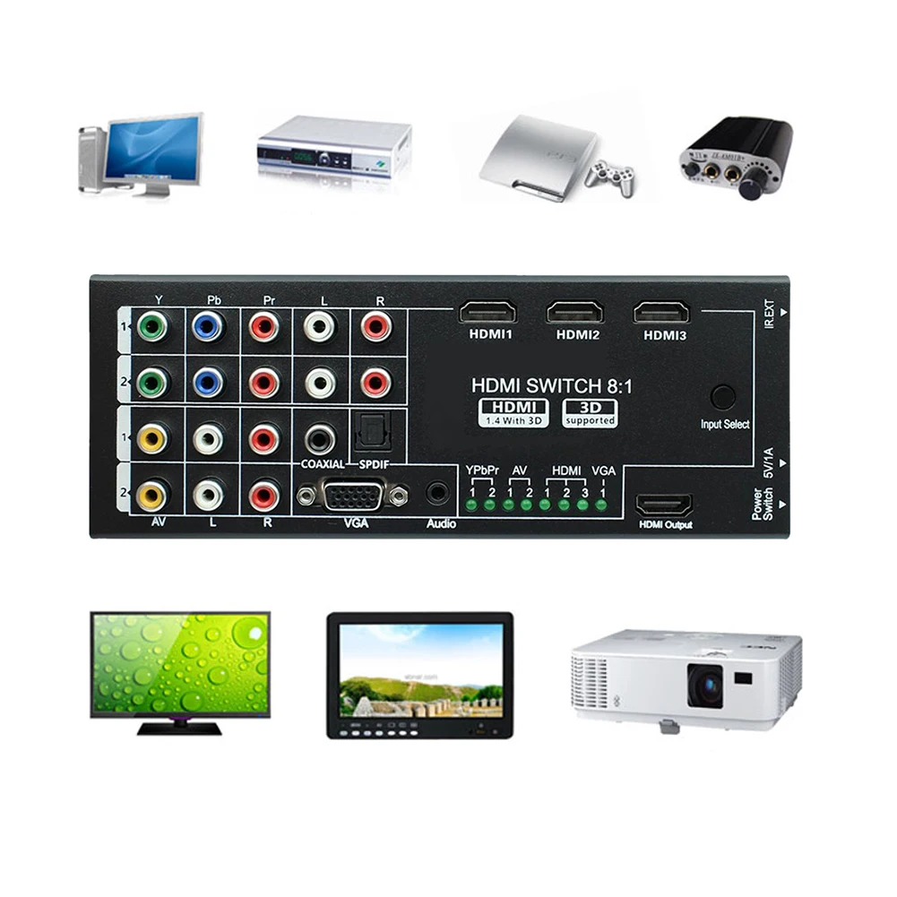

Multi hdmi Switch Audio/Video Switch Extractor with 8 Inputs to 1 HDMI Output Full HD1080p Converter Adapter With Remote Control