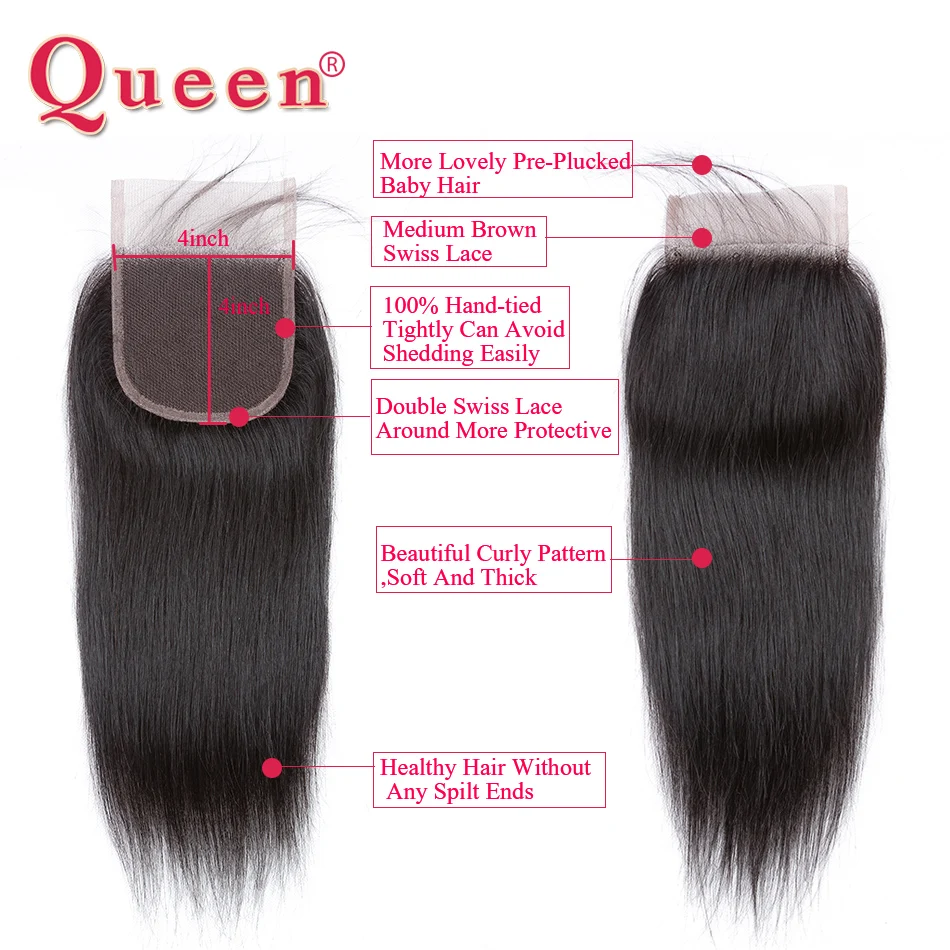 Queen hair перуанский прямо Реми натуральные волосы Weave Связки Бесплатная Часть Кружева закрытия с ребенком волос Mix 3 или 4 Связки Полный голова