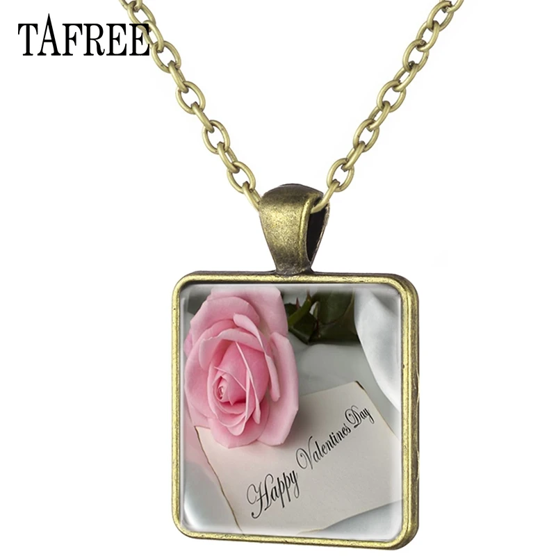 

TAFREE Rose Flower Happy Valentine's Day Square Necklace For Lovers Antique Bronze Plated Art Picture Glass Dome Jewelry FQ757