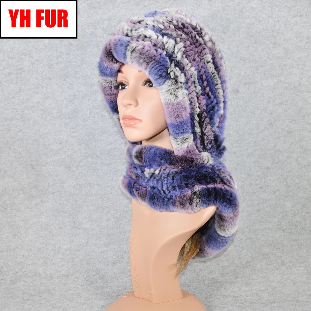 

2019 Women Winter Knitted Real Rex Rabbit Fur Hat Scarf Brand Rex Rabbit Fur Cap Scarves Quality Natural Rex Rabbit Fur Poncho