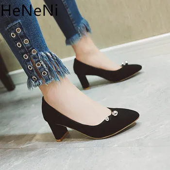 

Women Shoes Thick High Heels Bead decoration Pointed Toe Women Pumps Work Shoes Spring New Slip On High Heels Plus size 33-43