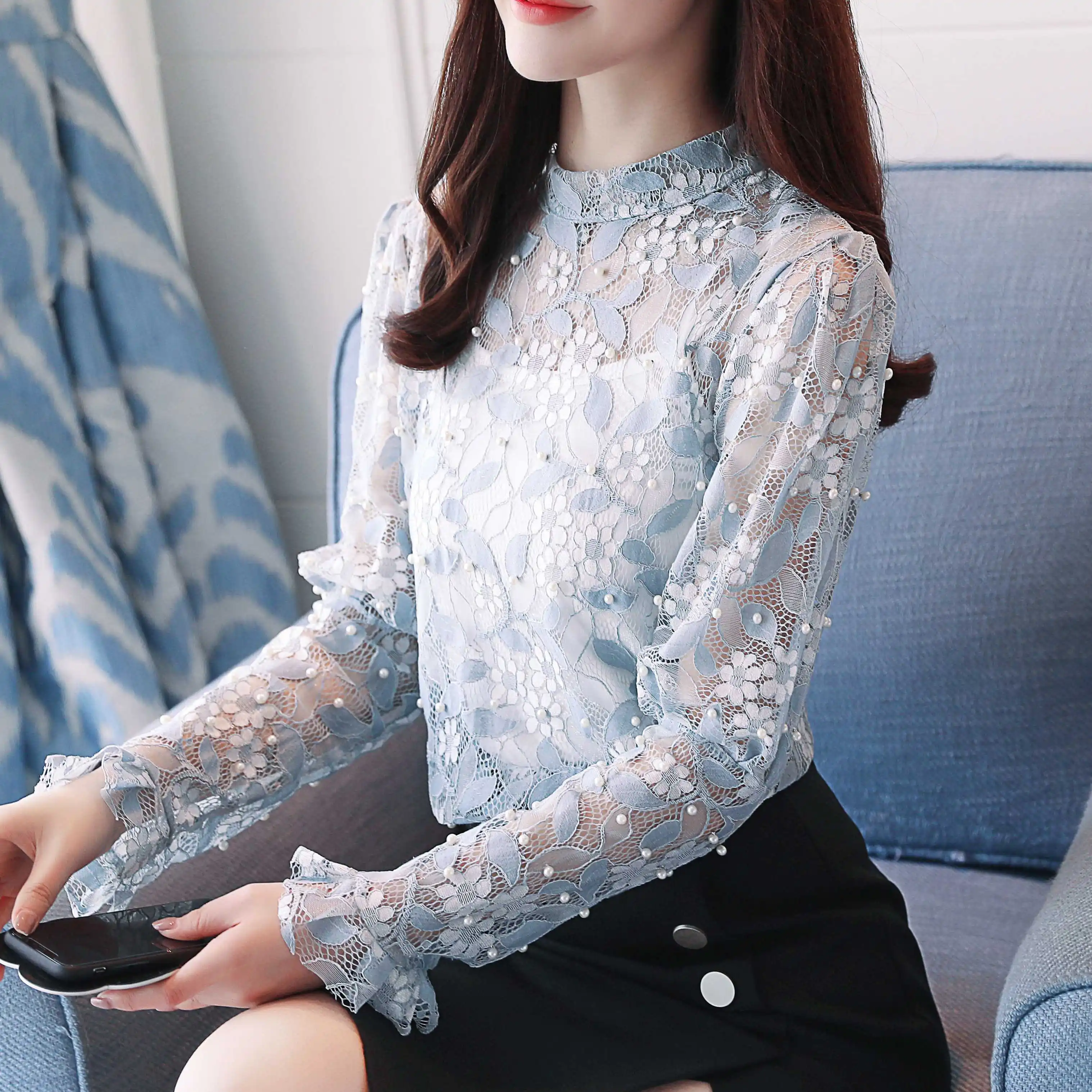 

2018 New Spring Women Shirts Full Sleeve Lace Chiffonading Blouse Shirt Pink Blue 202