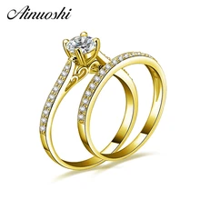 AINUOSHI 10k Solid Yellow Gold Wedding Ring Set Round Cut Sona Simulated Diamond Anillos Fine Jewelry Women Engagement Ring Sets