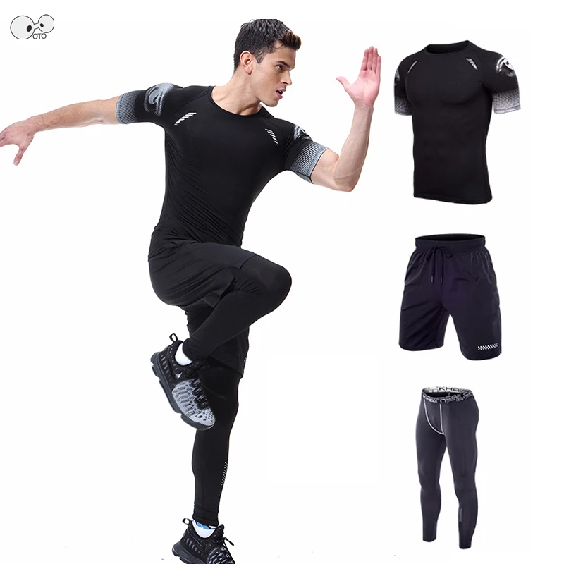 

Fitness Clothing Men 3pcs Long Sleeve T Shirt+Shorts+Pants Gym Running Set Compression Jogging Suits Sports Athletics Uniform