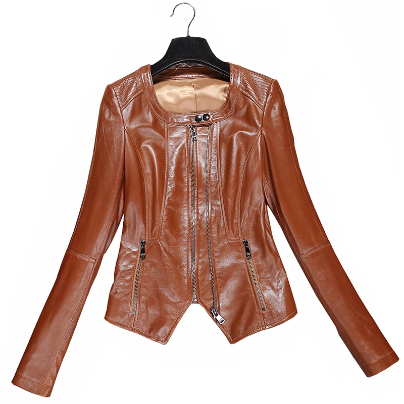 Короткая куртка из натуральной кожи на весну и осень, Женская мотоциклетная одежда из натуральной овчины, Женская Корейская приталенная Дизайнерская куртка