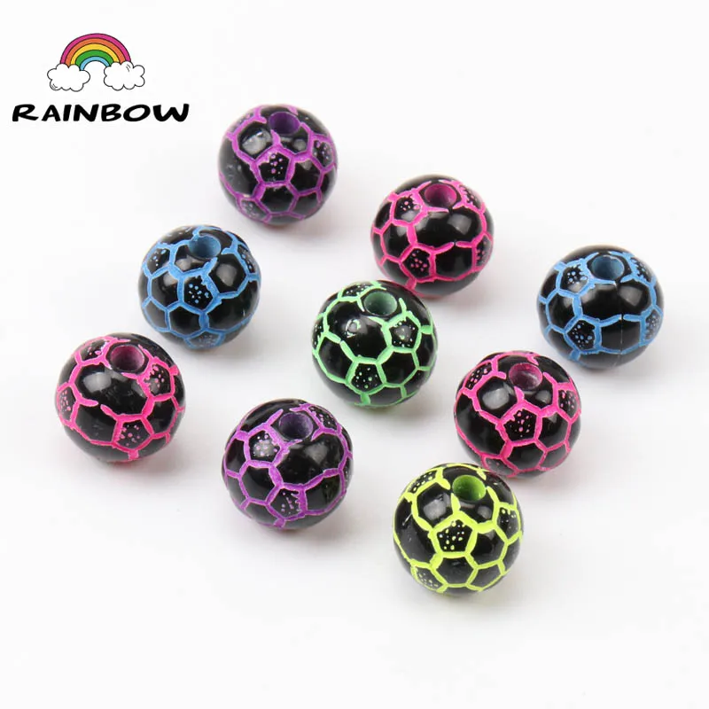 

Mixed Black Bottom Neon Stripe Colors Football Pattern Acrylic Round Shape Spacer Loose Beads For Jewelry Making DIY 10mm 50pcs