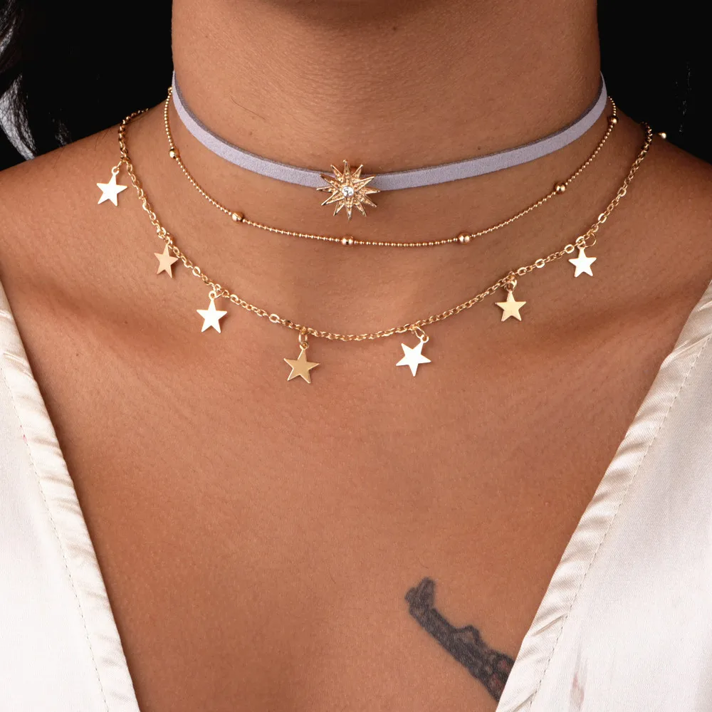 

Women Jewelry Pentagram Sun Multilayer Bead Chain Statement Choker Necklace 18K Gold Plated Necklace