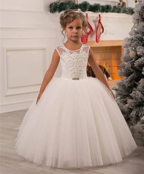 

White Ball Gown Shiny Pearls Flower Girls Dresses for Wedding Custom Made First Communion Dress Girls Birthday Dress size 2-16