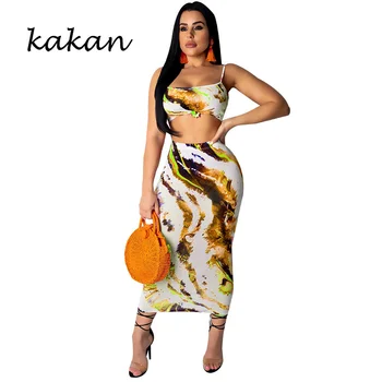 

Kakan summer new women's print dress two-piece sexy nightclub sleeveless print strap dress set