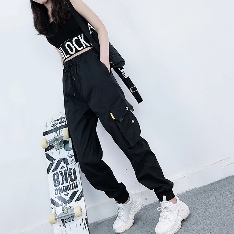 Женские брюки-карго в стиле Харадзюку черные спортивные мешковатые с большим