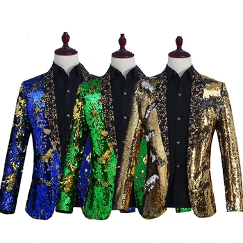 

2019 New Men's fashion sequins green fruit collar western style costumes stage performance suits nightclubs DJ singer costumes