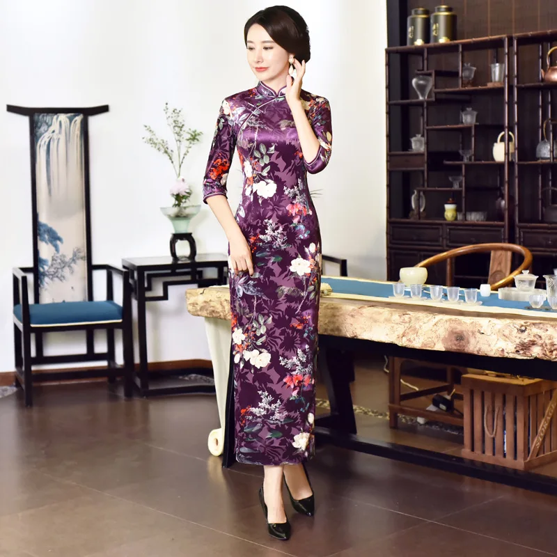 Китайский длинное платье Для женщин бархат среднего рукавом Cheongsam