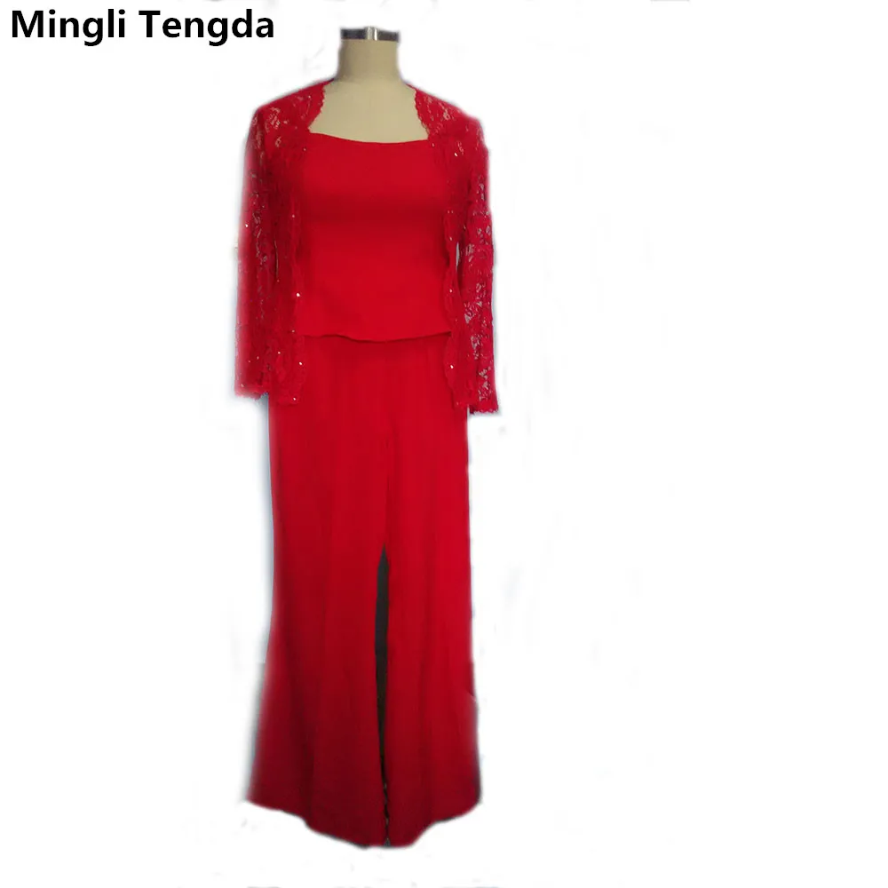 

Mingli Tengda Red/Black Chiffon Three Pieces Mother of the Bride Pant Suits Beaded Mother of the Bride Dresses with Lace Jacket