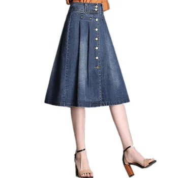 

High Waist A-Line Summer Women's Jeans Skirt Casual Single-breasted Knee-length Skirts Female Elegant Slim Denim Skirt Faldas