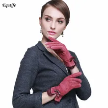 Equtife, модные женские брендовые замшевые перчатки из свиной кожи, теплые перчатки из натуральной кожи с милым бантом, зимние перчатки высшего качества A2031