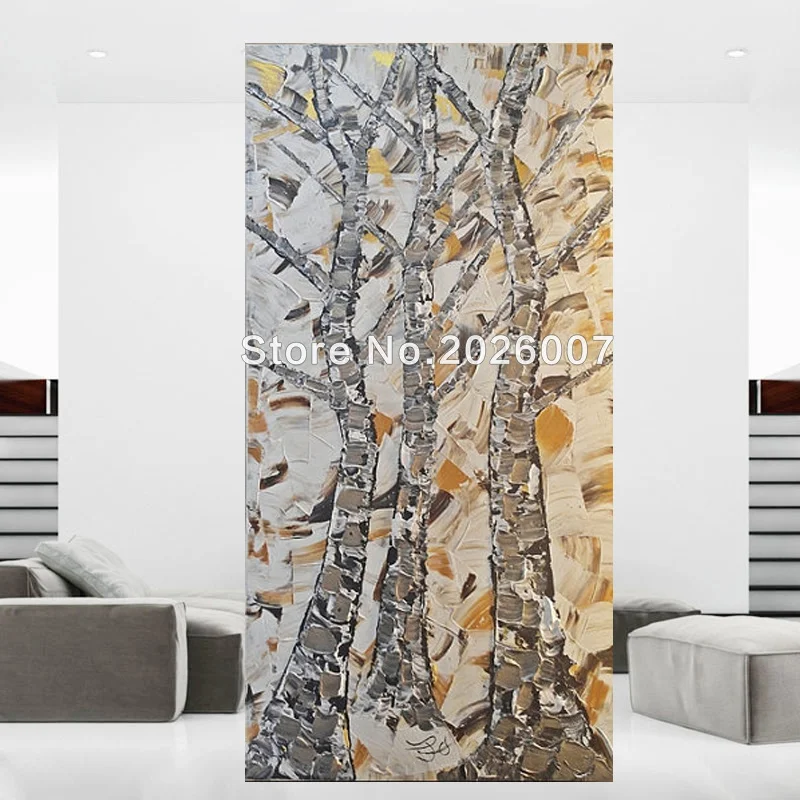 

Hand Painted Abstract Landscape Thick Palette Knife Enchanted Birch Art Brown Gold Oil Painting On Canvas Modern Home Decoration