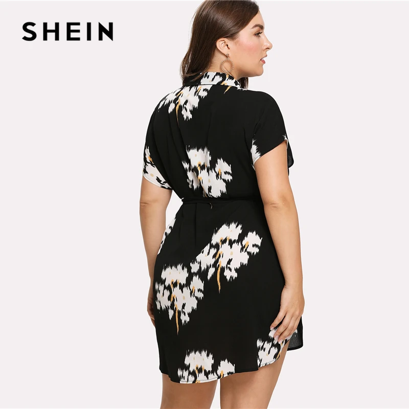 SHEIN Платье С Цветочным Принтом Поясом Плюс Размер Цветочные Женские Платья