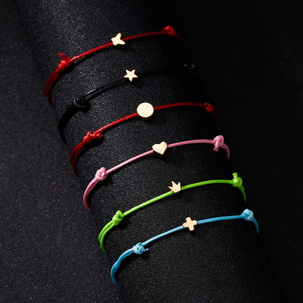 Make a Wish Crown-pulsera de tarjeta de papel tejida con corazón cruzado de cinco estrellas, pulseras de hilo rojo de la suerte ajustables, joyería para mujer