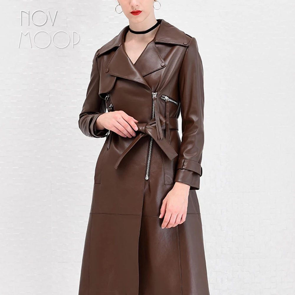 Американский стиль, коричневый длинный Тренч из натуральной овечьей кожи, верхняя одежда с ремнями, на молнии, casaco feminino LT2554