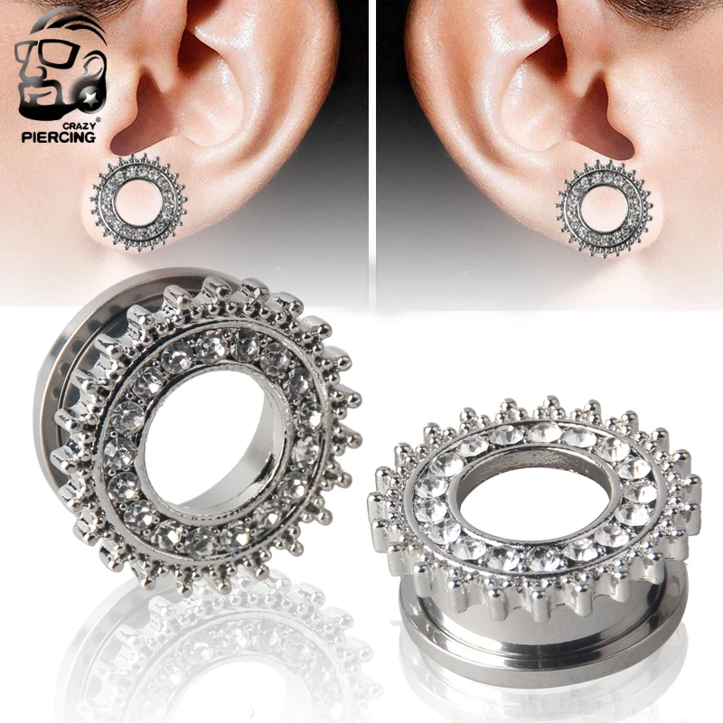 

316L Steel Ear Gauge Plug Body Piercing Jewelry Gearwheel Crystal Ear Tunnel Expander 2 pcs/lot Size from 6mm to 20mm