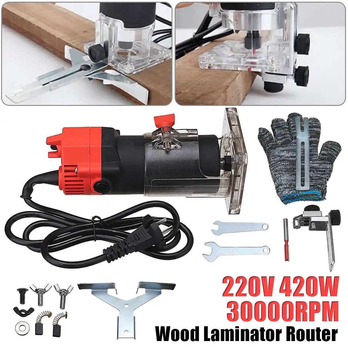 

New 220V 420W 30000RPM Electric Edge Trimmer Multi Function Woodworking Machine Wood Edge Cutter/Router Set + Wrench Gloves