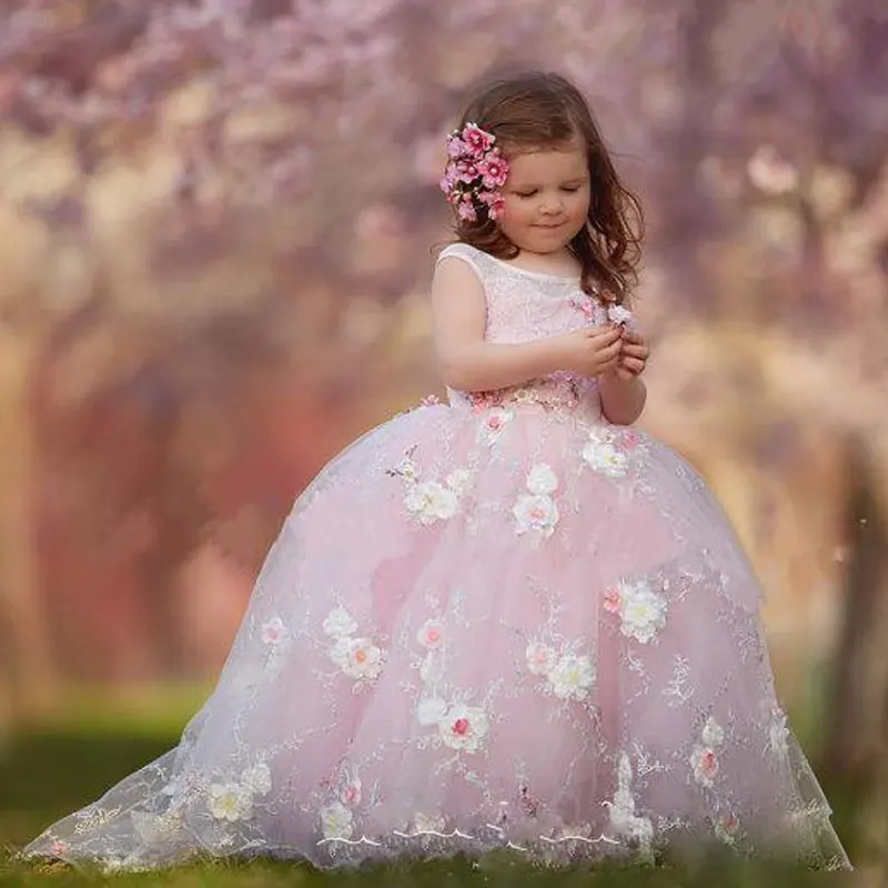 Pink Princess Lace Flower Girls Dress Sleeveless Ball Gown Tulle 2016
