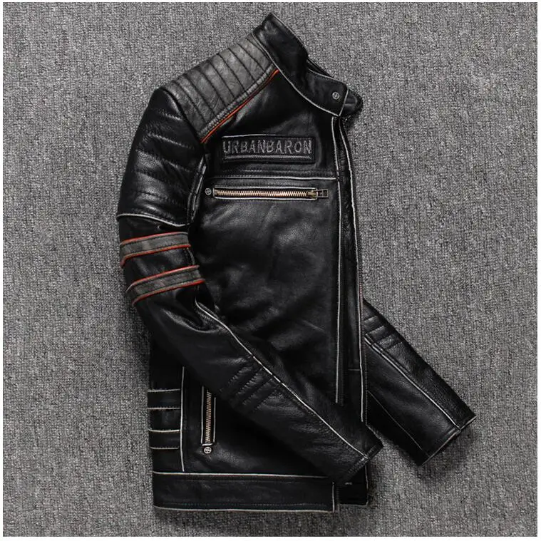 Винтажная Черная мужская куртка из натуральной кожи с вышитым рисунком черепа размера плюс XXXL байкерская куртка из настоящей воловьей кожи