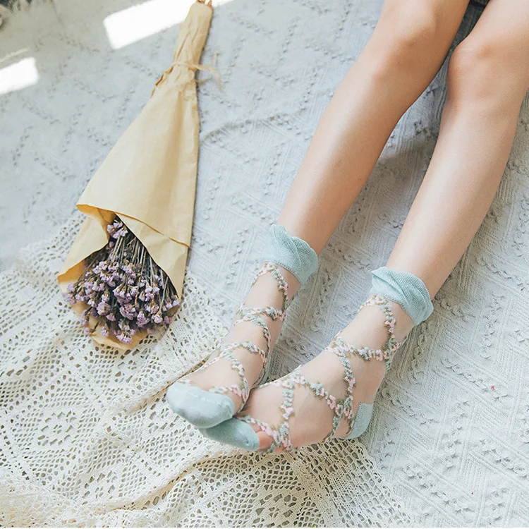 Sexy Lace Mesh silk Fishnet Socks Fiber Transparent Stretch Elasticity Ankle Net Yarn Thin Women Cool Socks 1pair=2pcs ws406
