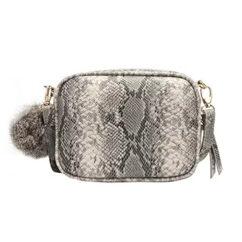 

Women Fashion PU Leather Small Handbag Snake Skin Designer Messenger Crossbody Shoulder Bag With Hairball 2019 New