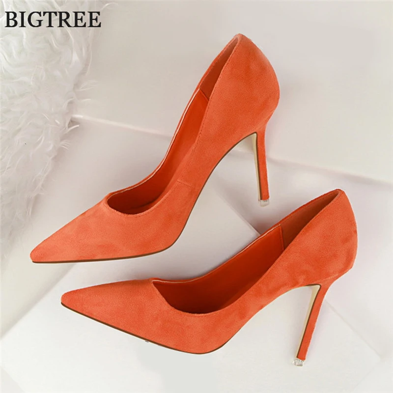 2018 New High Heels Women Fashion Pointed Toe Office Shoes Women's Solid Flock Shallow High Heels Shoes for Women 9 Colors
