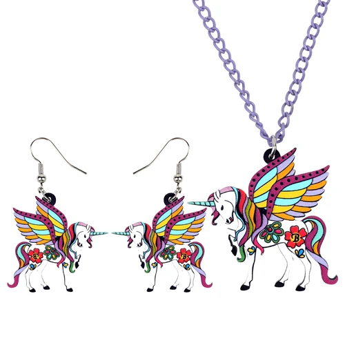 Bonsny акриловые цветочные Холли Летающая лошадь серьги в виде единорогов Ожерелье Ювелирные наборы для женщин девочек подарок для подростков Модные аксессуары - Окраска металла: Purple