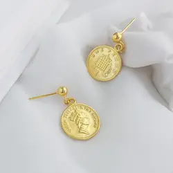 Новые поступления 925 пробы серебро круглые Висячие серьги для Для женщин Европейский Стиль золотого, серебряного цвета для монет портрет