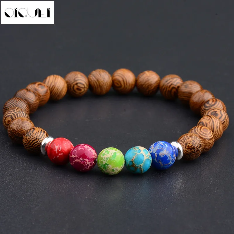 

OIQUEI 2018 Fashion 7 Chakra Imperial Stone Beaded Bracelet For Women Men Jewelry 8mm Natural Wood Beads Charm Bracelets&Bangles