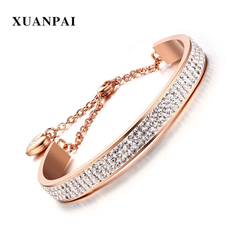 XUANPAI Bling Crystal Women's Cuff Bracelet Rose Gold Color Heart Charm