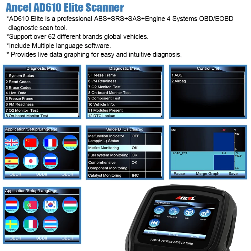 Ancel AD610 OBD2 Scanner Car Engine Diagnostic Tool ABS SAS Airbag Reset Tool ODB2 Automotive Scanner For OBD2 Car Diagnostic