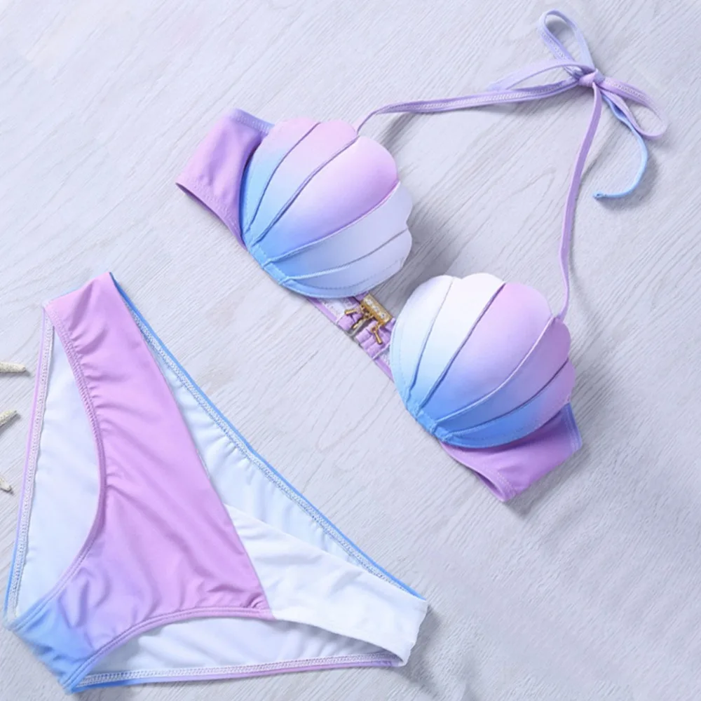 Mermaid Shell Bra Design Two Piece Suit Swimwear Gradient Color