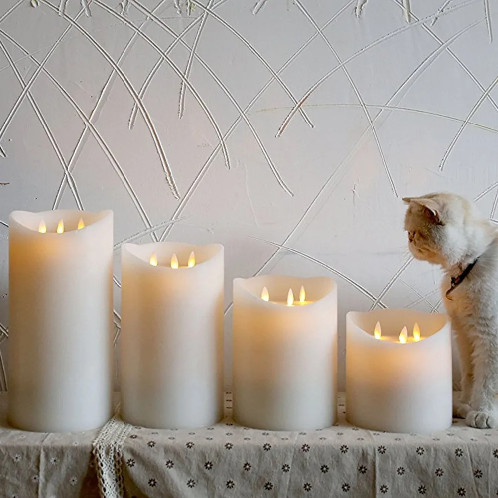 3 Wick Unscented Pillar Flameless LED Candles Ivory With 10 Key Remote