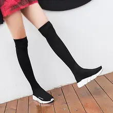 Женские сапоги-чулки выше колена; обувь на платформе; коллекция года; эластичная обувь на плоской подошве с низким каблуком; черные модные женские носки