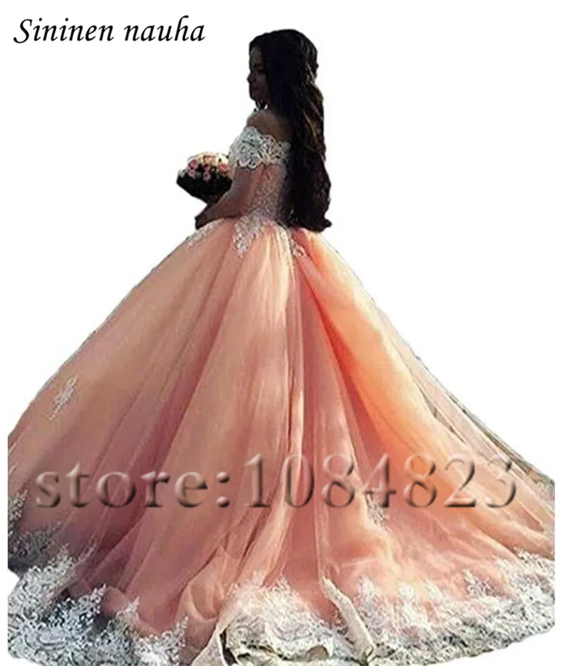 Quinceanera платья для женщин 2019 с открытыми плечами Рубашка короткими рукавами коралловый шар платье плюс размеры Vestidos De 15 Anos сладкий 16 346