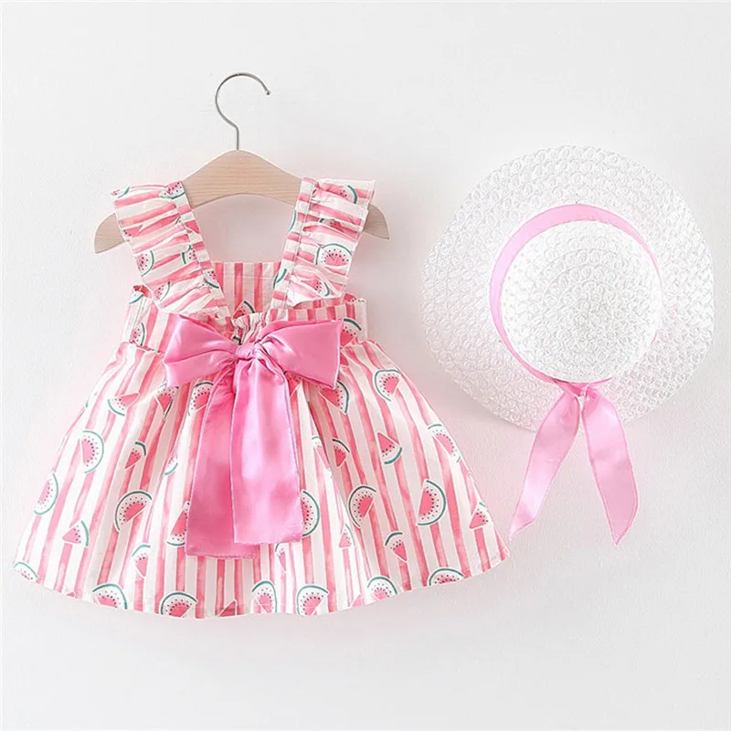 

Summer Party Clothing For Baby Girls Dress Toddler Kids Floral Ruched Bow Watermelon Princess Dress Clothes Hat Outfits