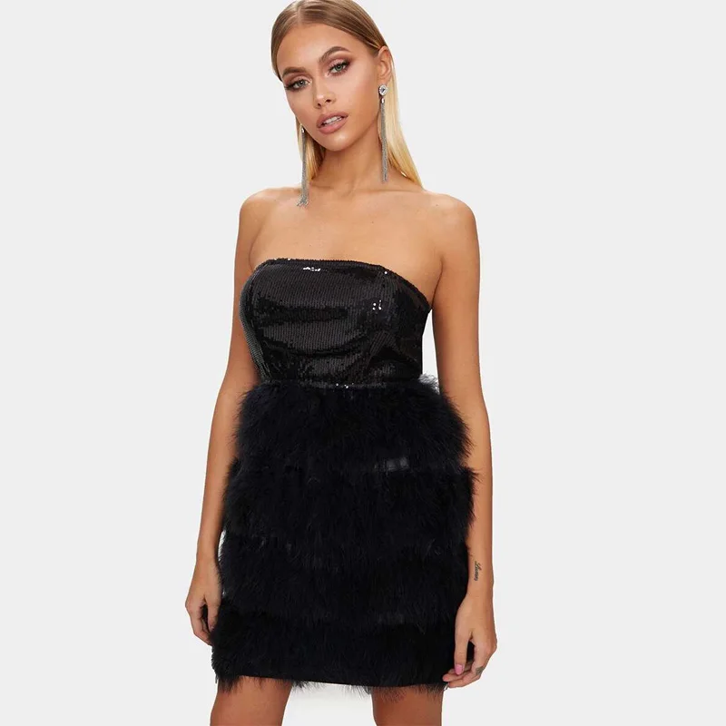 Женское платье с блестками черное белое без бретелек рукавов|club wear|white sequin dresssequin