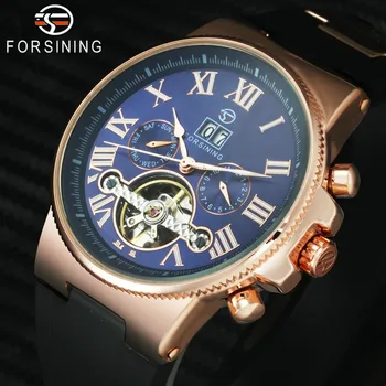 

FORSINING 2019 Chic Fashion Watch Men Auto Mechanical Tourbillon Military Wristwatch Rubber Strap Sub-dial Calendar Sport Clock