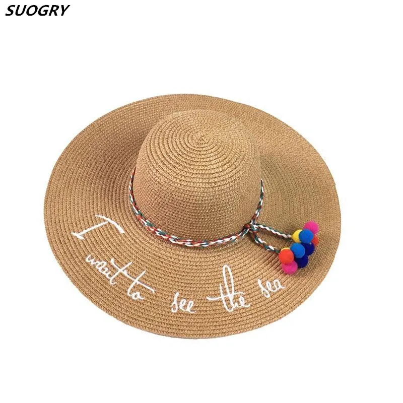 

New English Embroidery I want to see the sea Parent-Child Big Eaves Hand Weave Straw Hat Summer Seaside Resort Sun Hat Beach Hat