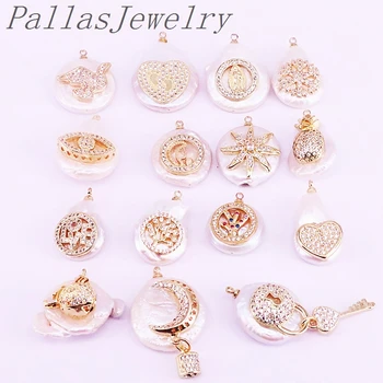 

10Pcs freshwater pearl with clear cz charm pendant,Mix Random shape cz gold color pendant,fashion necklace DIY jewelry findings
