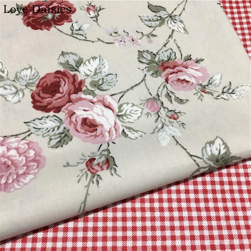 Хлопок саржа серый фон розовый синий цветок Розы Цветочный проверить ткани для комплект кровати «сделай сам» лист одежды платье Декор ручной работы